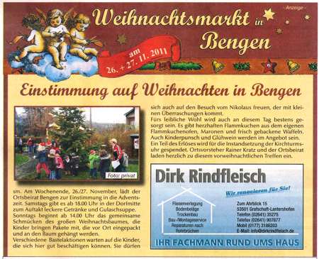 Bericht der Grafschafter Zeitung über den Weihnachtsmarkt 2011 in Grafschaft Bengen