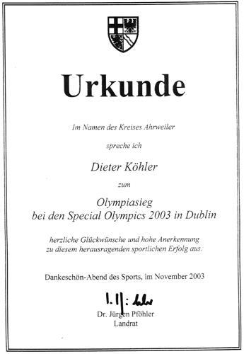 Urkunde des Kreises Ahrweiler fuer Dieter Koehler